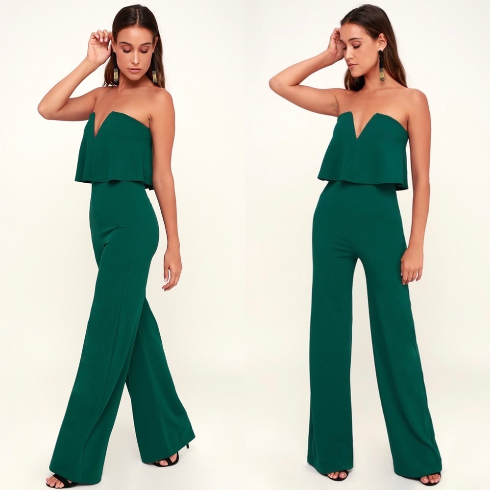 LuLus Power of Love Emerald Green Strapless Jumpsuit